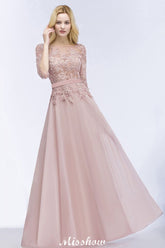 A-line Chiffon Appliques Bridesmaid Dresses Jewel Half-Sleeves Floor-Length Evening Gown with Sash